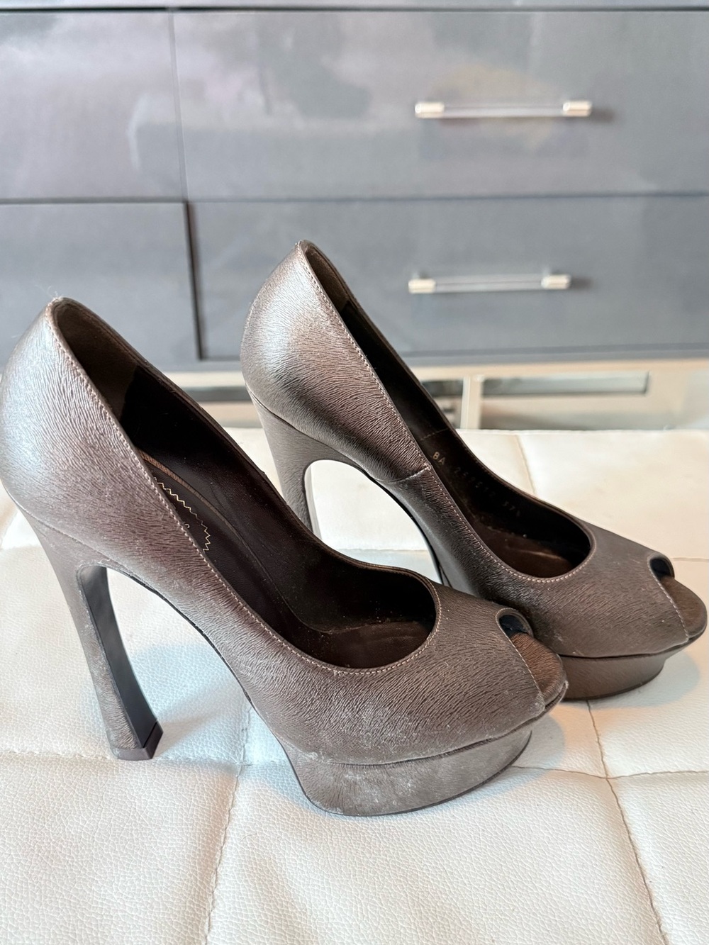 Yves Saint Laurent Metallic Taupe Peep-Toe Platform Pumps - Picture 3 of 6